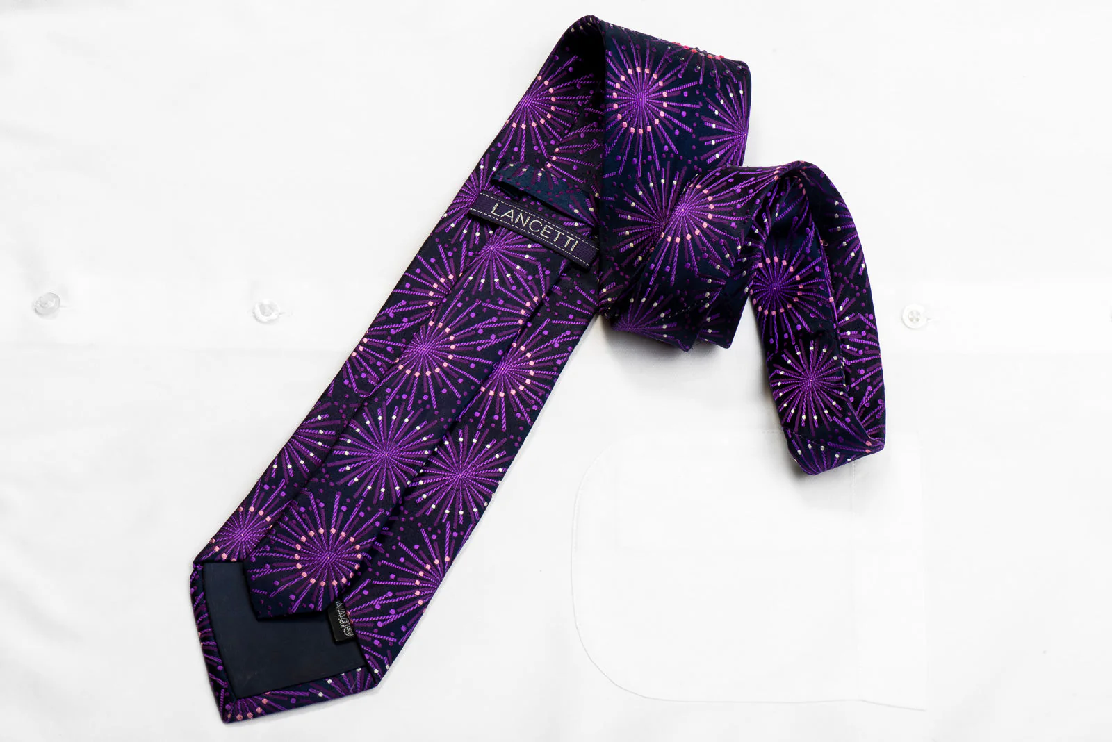 Lancetti Rhinestone Silk Necktie Purple Geometric On Navy - Image 4