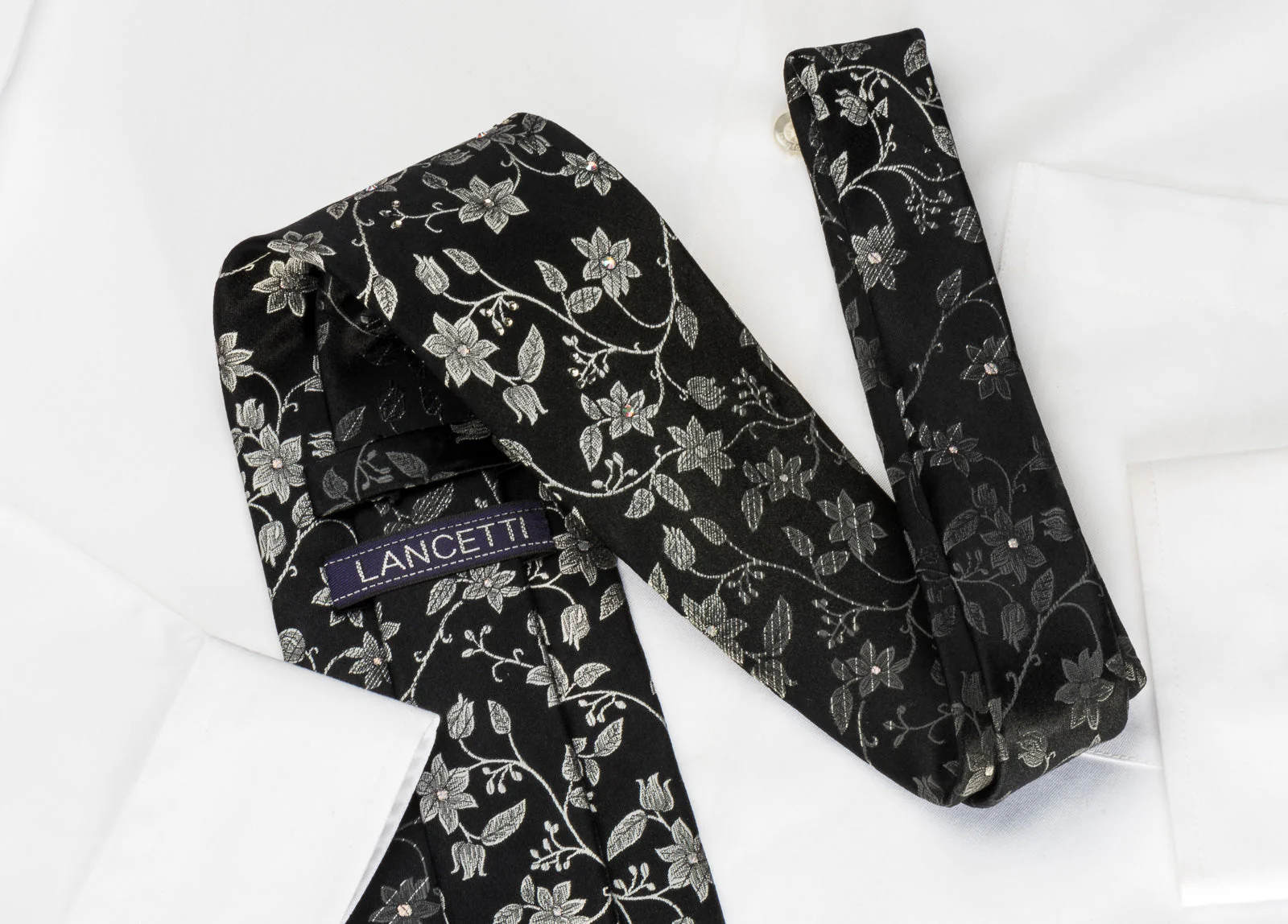 Lancetti Rhinestone Silk Necktie Silver Floral On Black With Sparkles - Image 3
