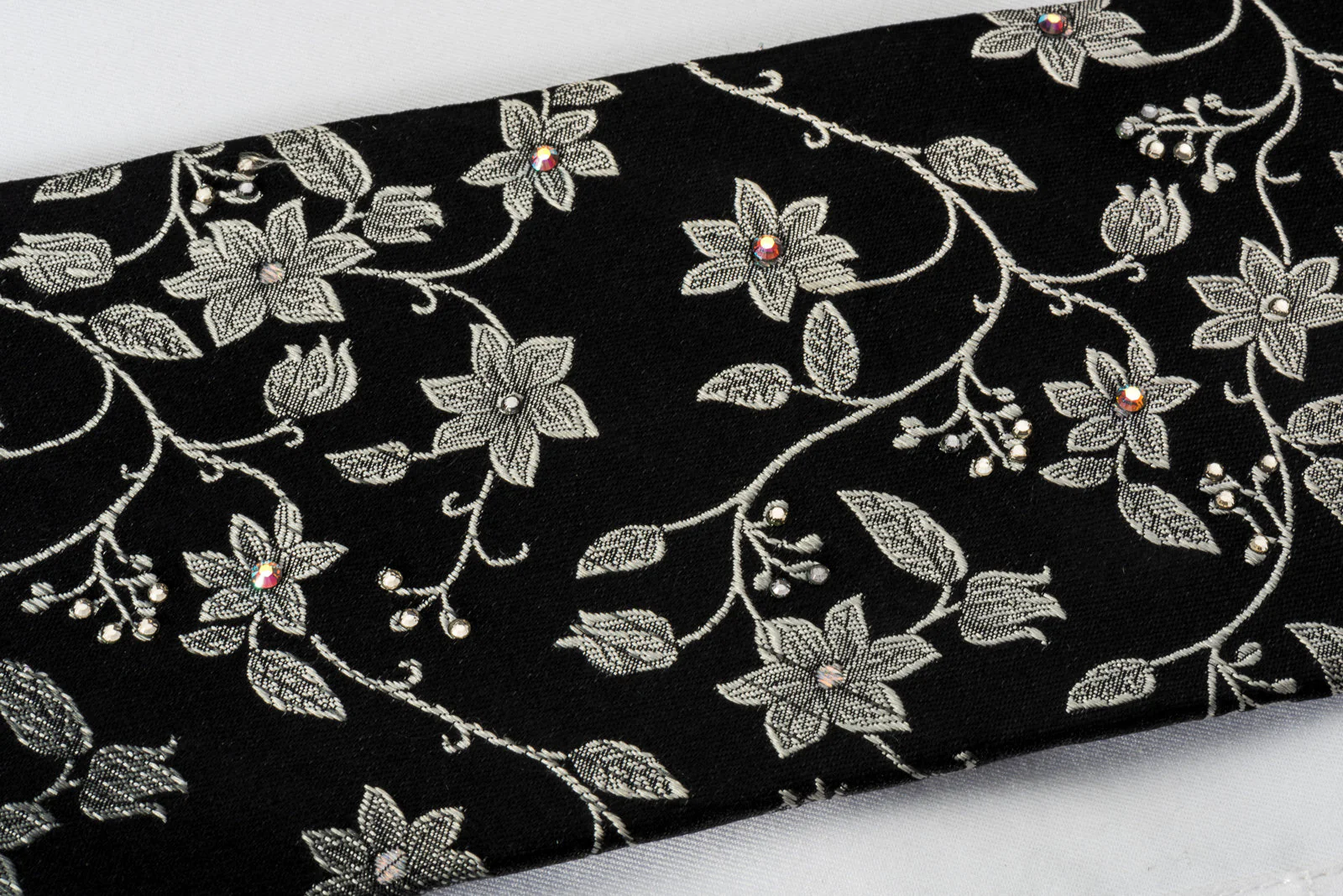 Lancetti Rhinestone Silk Necktie Silver Floral On Black With Sparkles - Image 5