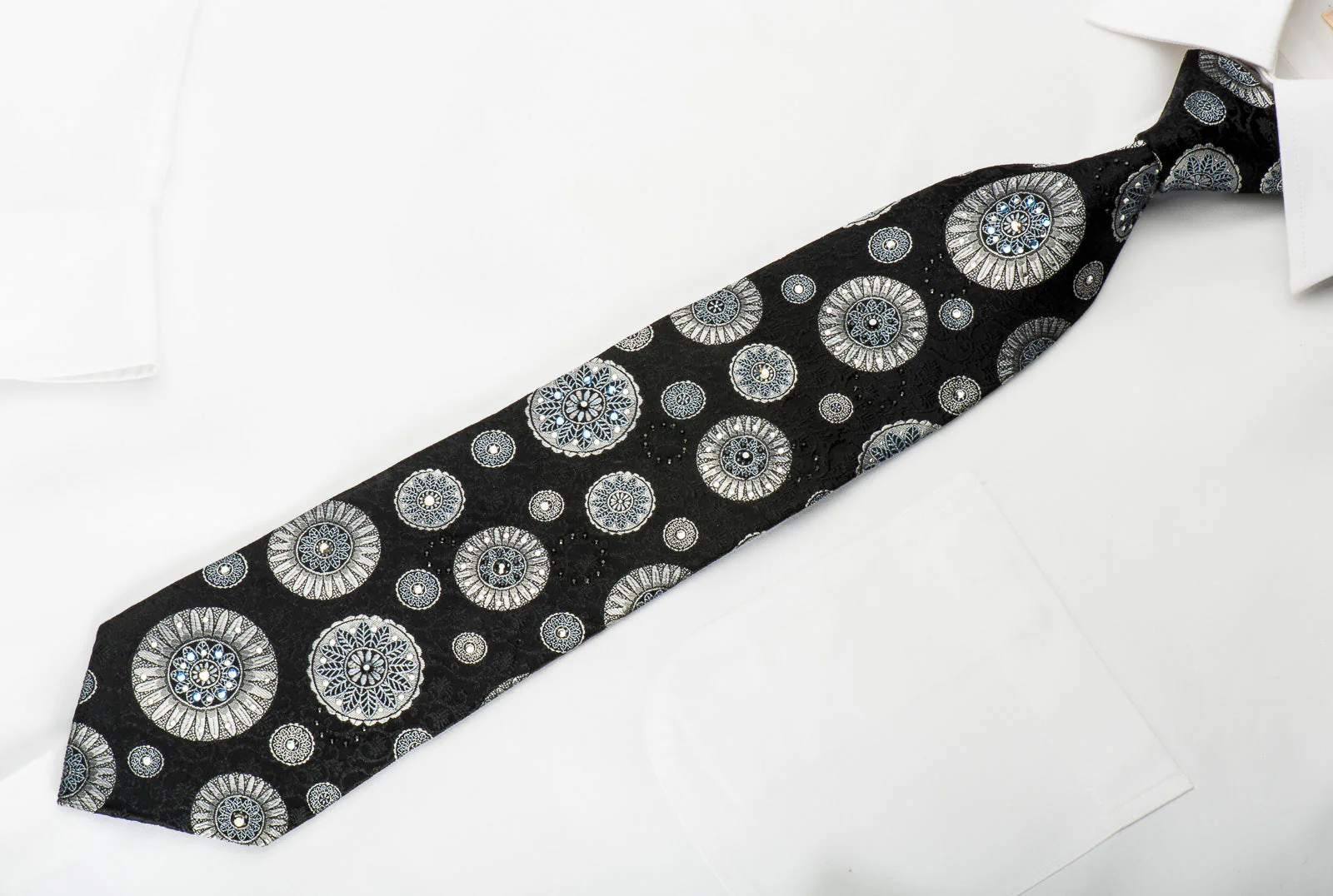 Lancetti Rhinestone Silk Necktie Silver Medallions On Black With Silver Sparkles - Image 2