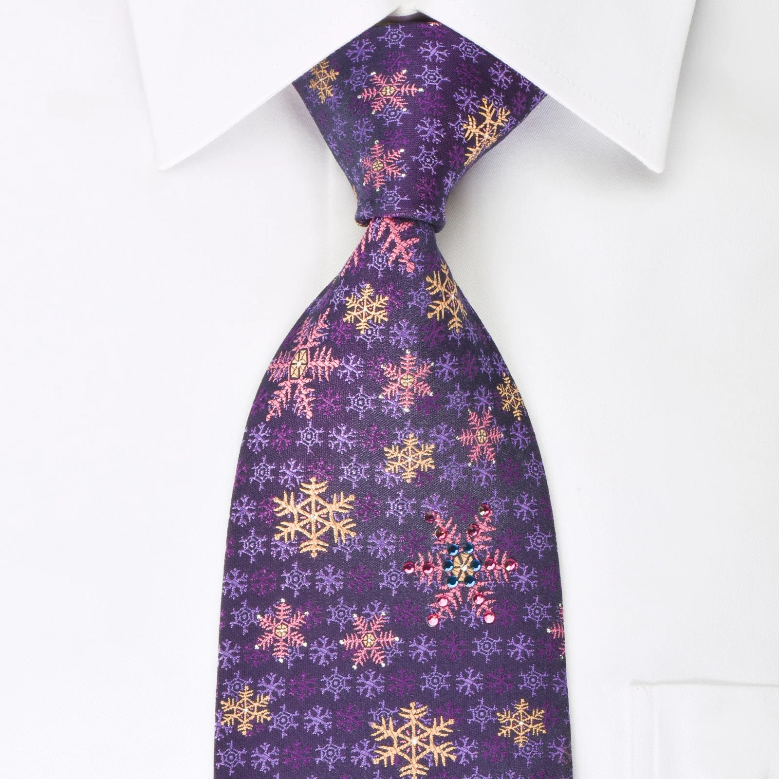 Lancetti Rhinestone Silk Necktie Snow Flakes On Purple With Silver Sparkles
