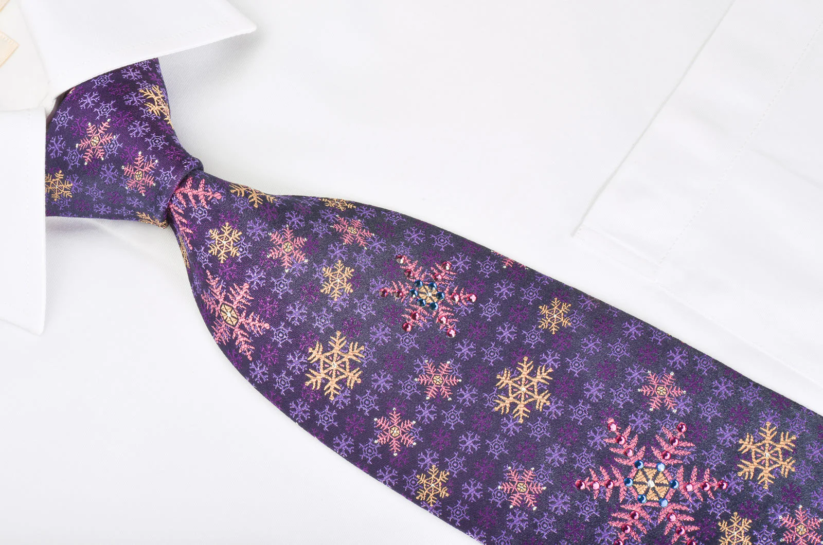 Lancetti Rhinestone Silk Necktie Snow Flakes On Purple With Silver Sparkles - Image 4