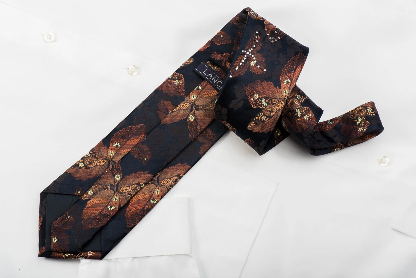 Lancetti Rhinestone Silk Tie Orange Floral On Navy With Sparkles - Image 5