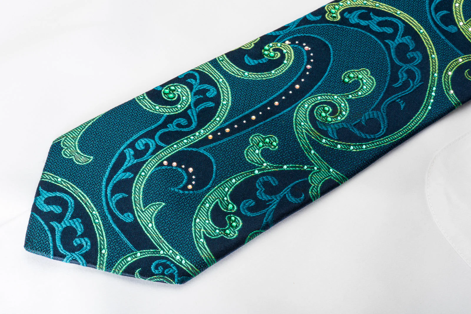 Lancetti Rhinestone Woven Silk Necktie Scrolls On Emerald Green With Silver Sparkles - Image 3