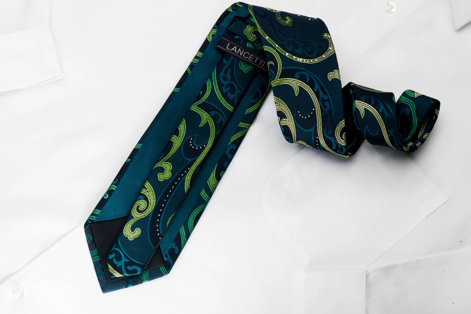 Lancetti Rhinestone Woven Silk Necktie Scrolls On Emerald Green With Silver Sparkles - Image 4