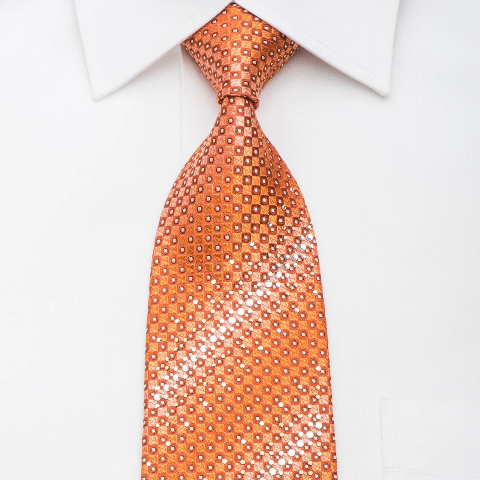 Lancetti Silk Necktie Checkered On Orange Sparkling With Crystal Rhinestones