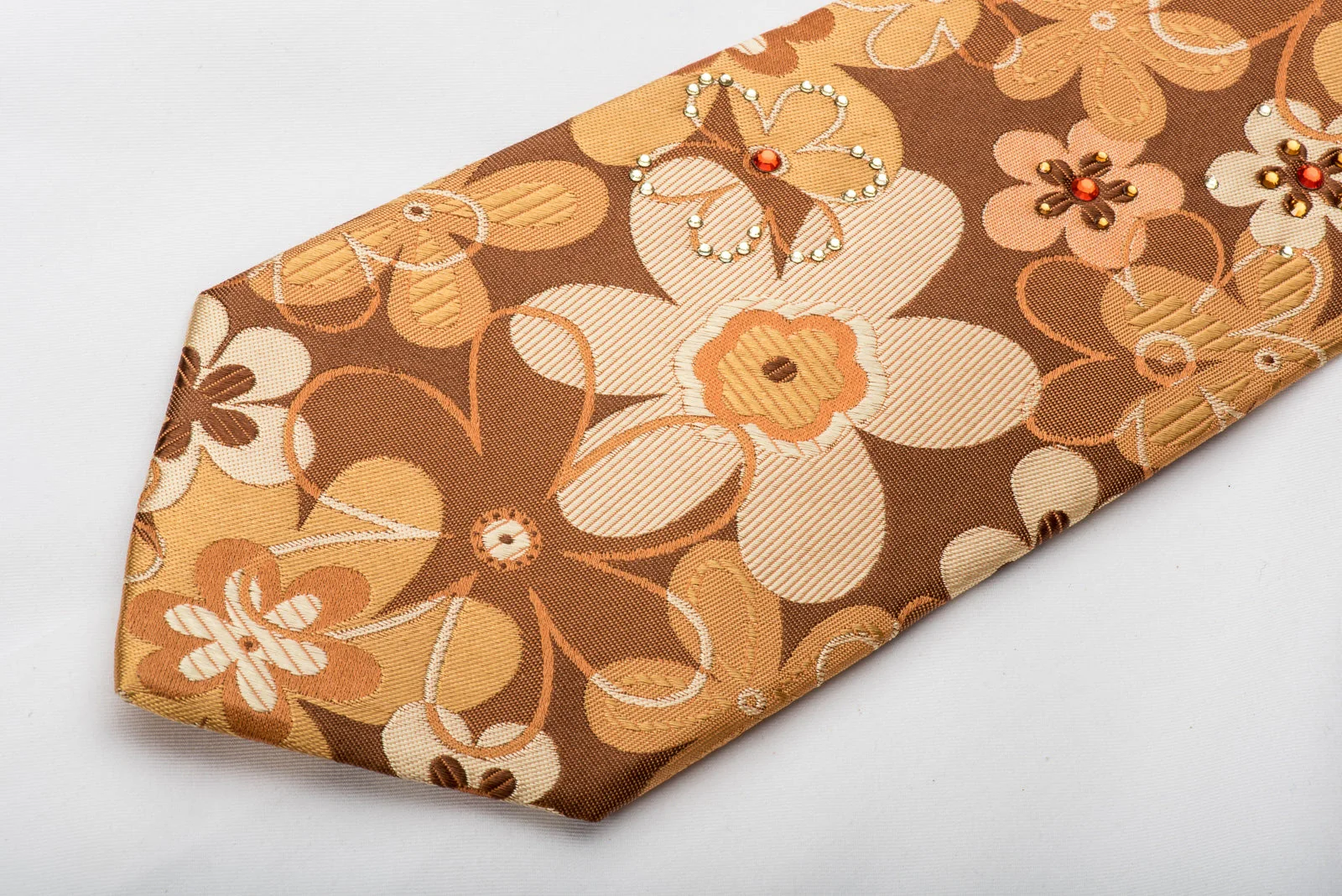 Lancetti Silk Necktie Floral On Brown Sparkling With Rhinestones - Image 3