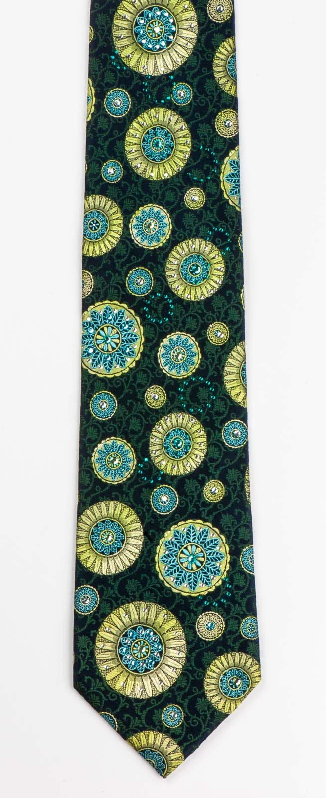 Lancetti Silk NeckTie Lime Green Medalions & Vines On Black With Rhinestones - Image 2