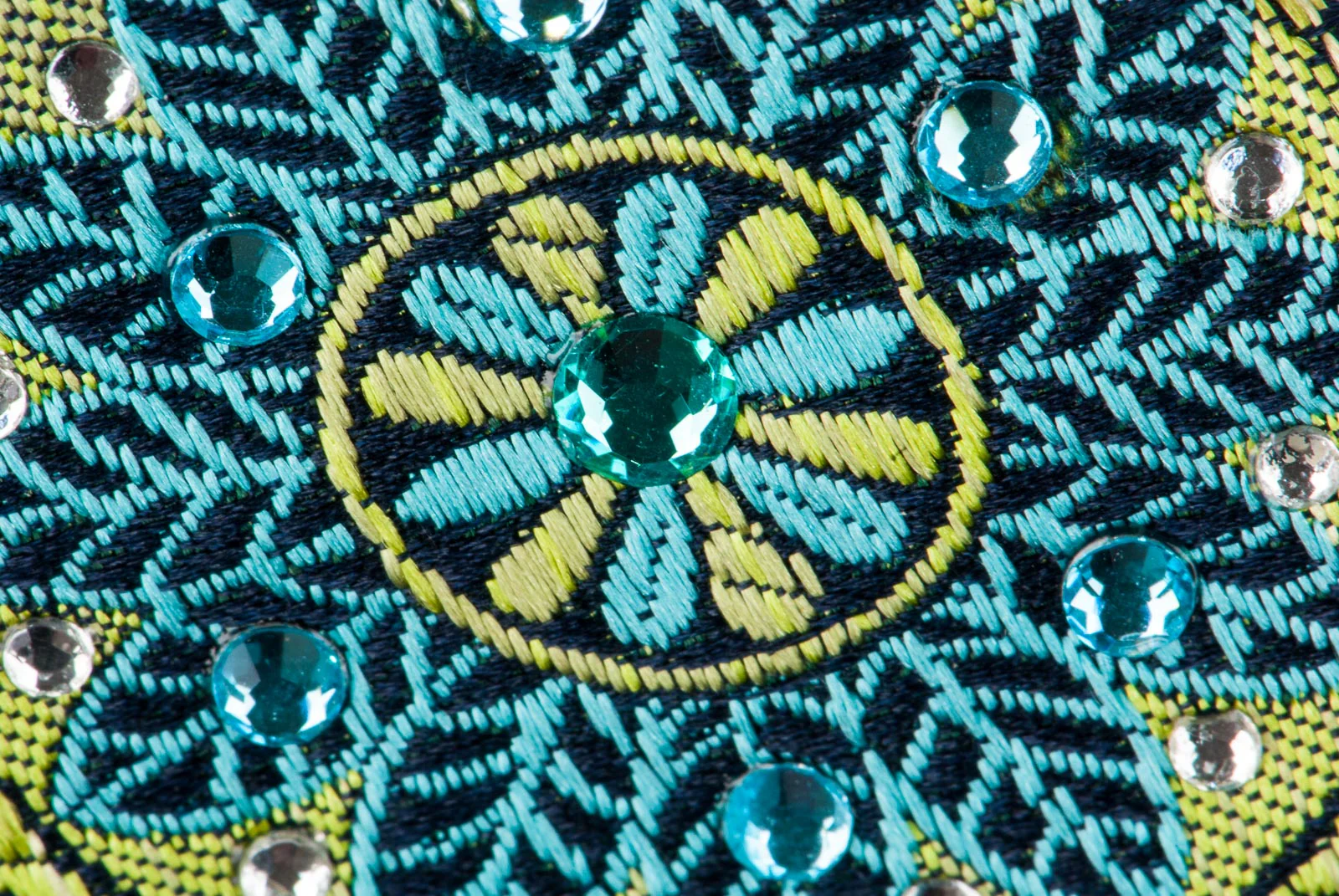 Lancetti Silk NeckTie Lime Green Medalions & Vines On Black With Rhinestones - Image 6