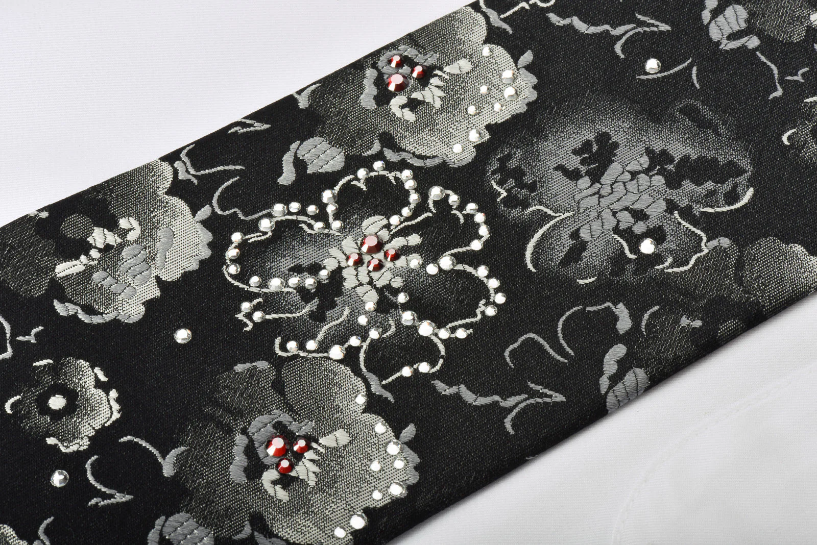 Lancetti Silk Necktie Silver Floral On Black With Rhinestones - Image 2