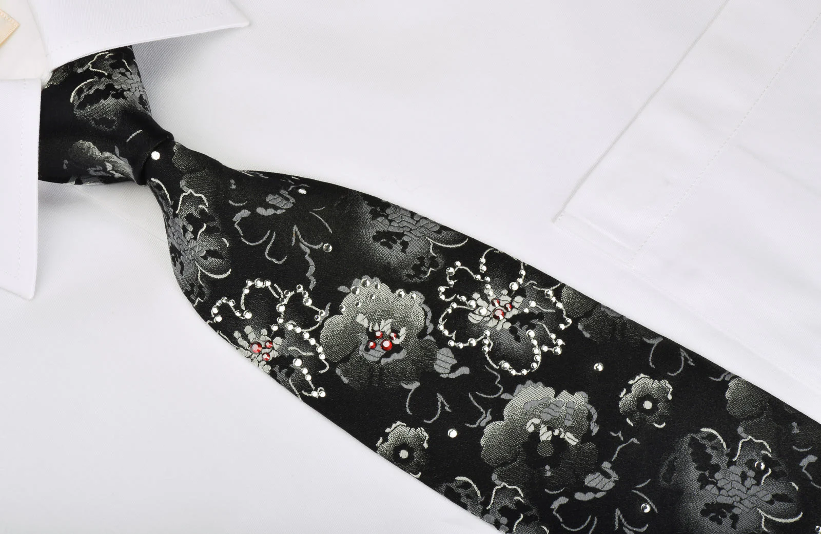 Lancetti Silk Necktie Silver Floral On Black With Rhinestones - Image 3