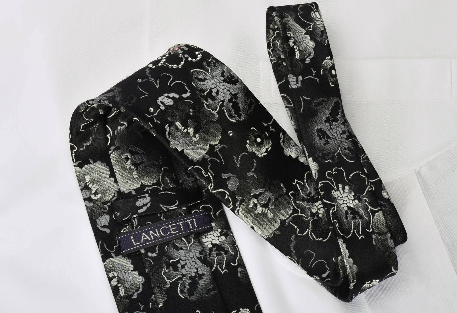 Lancetti Silk Necktie Silver Floral On Black With Rhinestones - Image 5