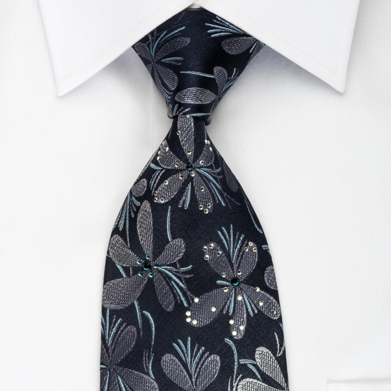 Lancetti Silk Necktie Silver Floral On Black With Sparkling Rhinestones