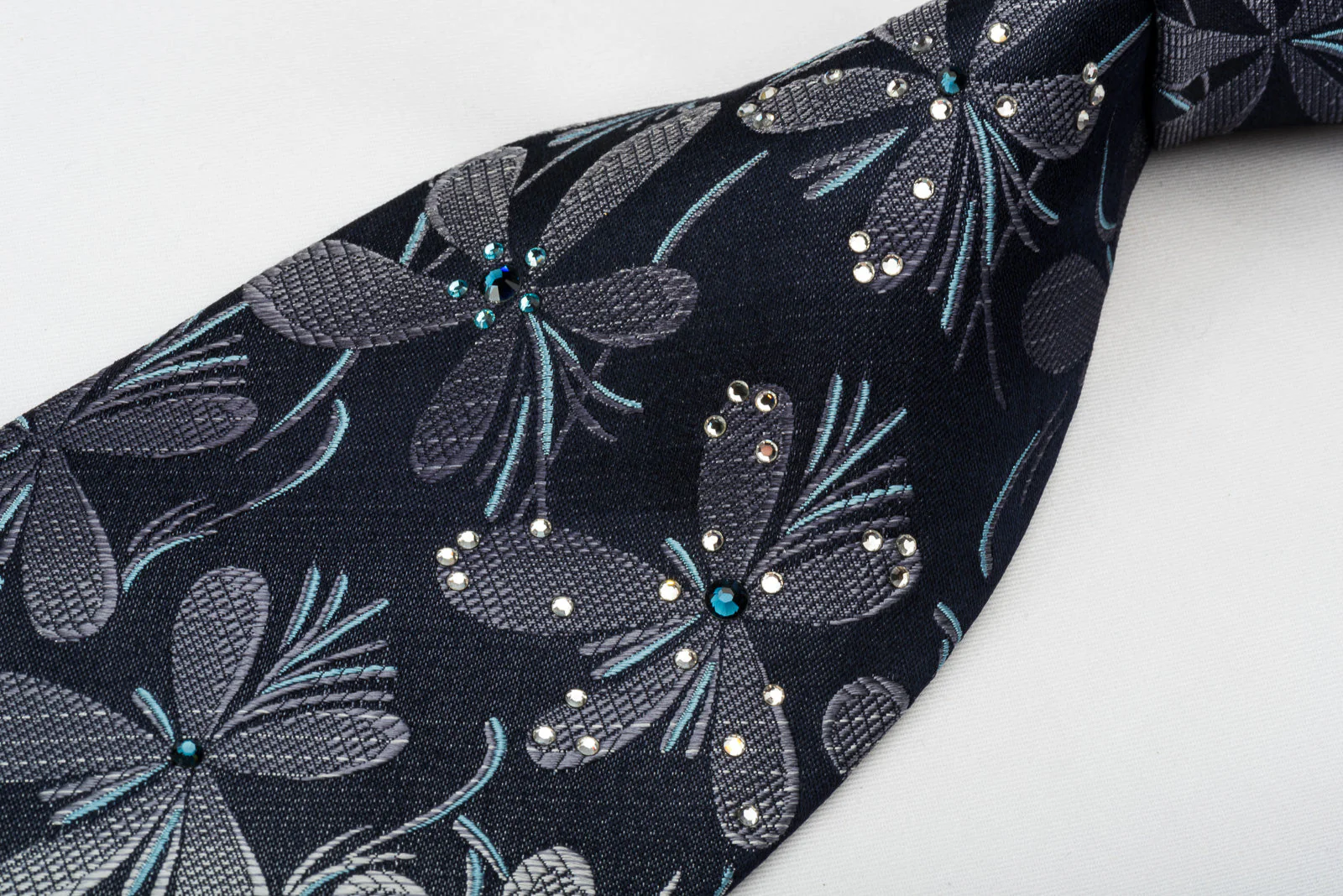 Lancetti Silk Necktie Silver Floral On Black With Sparkling Rhinestones - Image 2