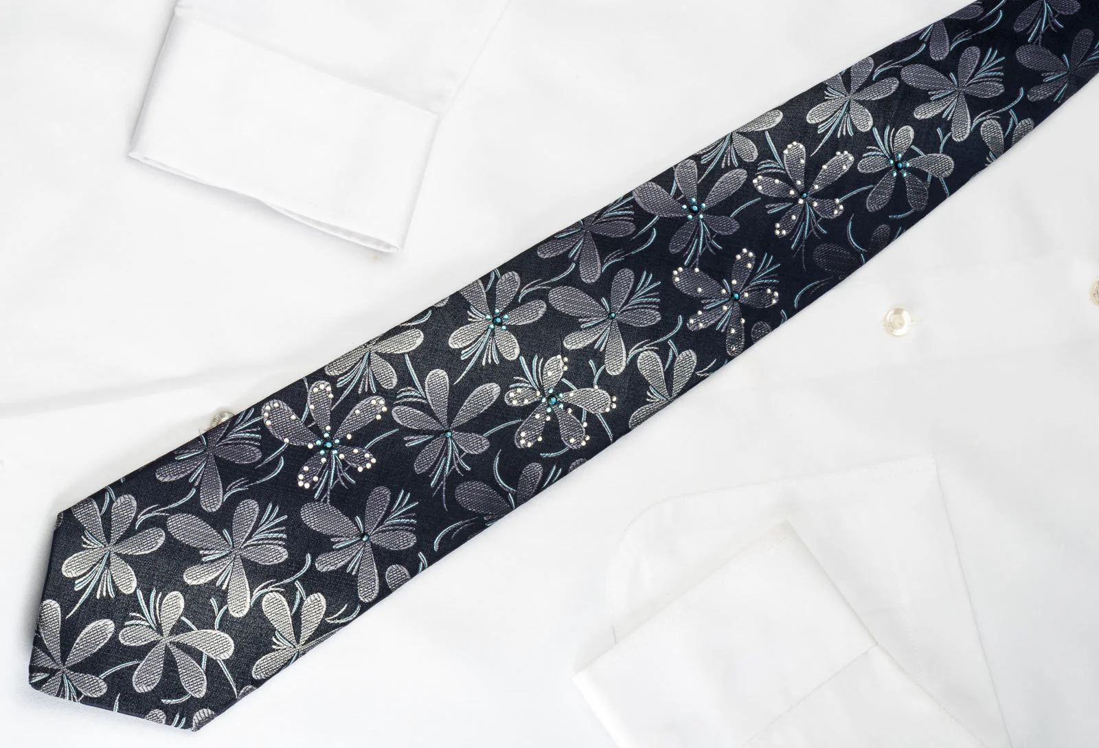 Lancetti Silk Necktie Silver Floral On Black With Sparkling Rhinestones - Image 3