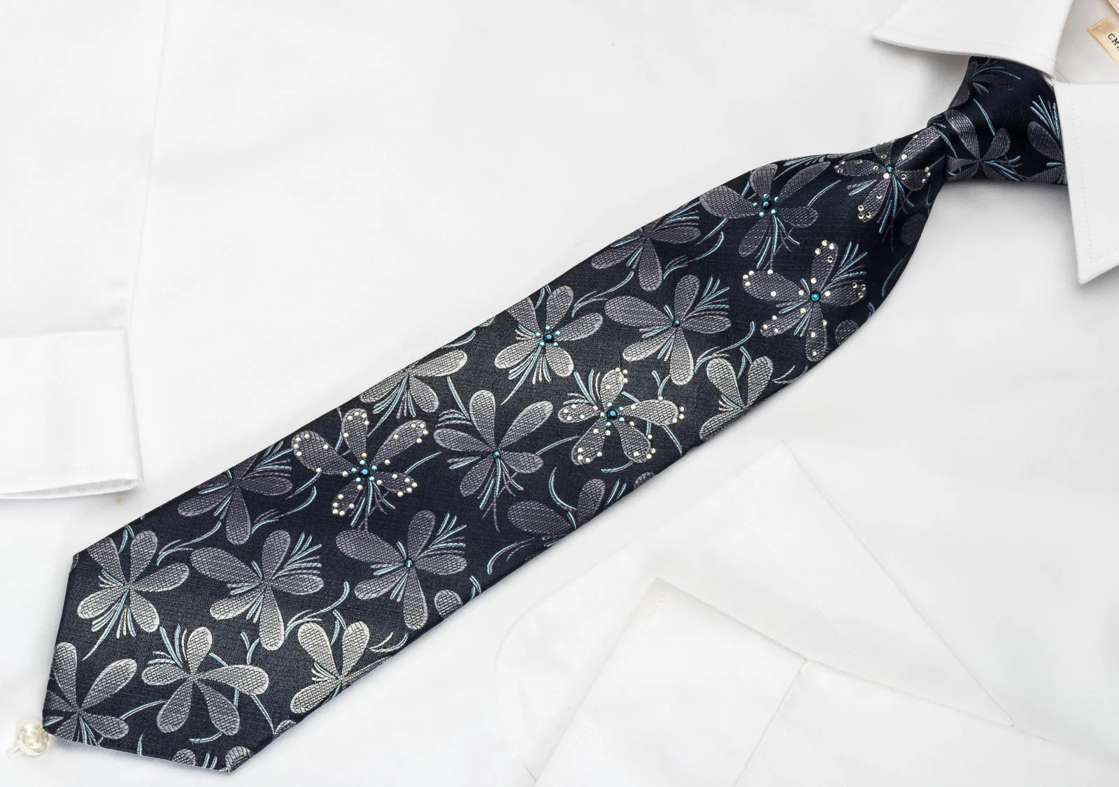 Lancetti Silk Necktie Silver Floral On Black With Sparkling Rhinestones - Image 4