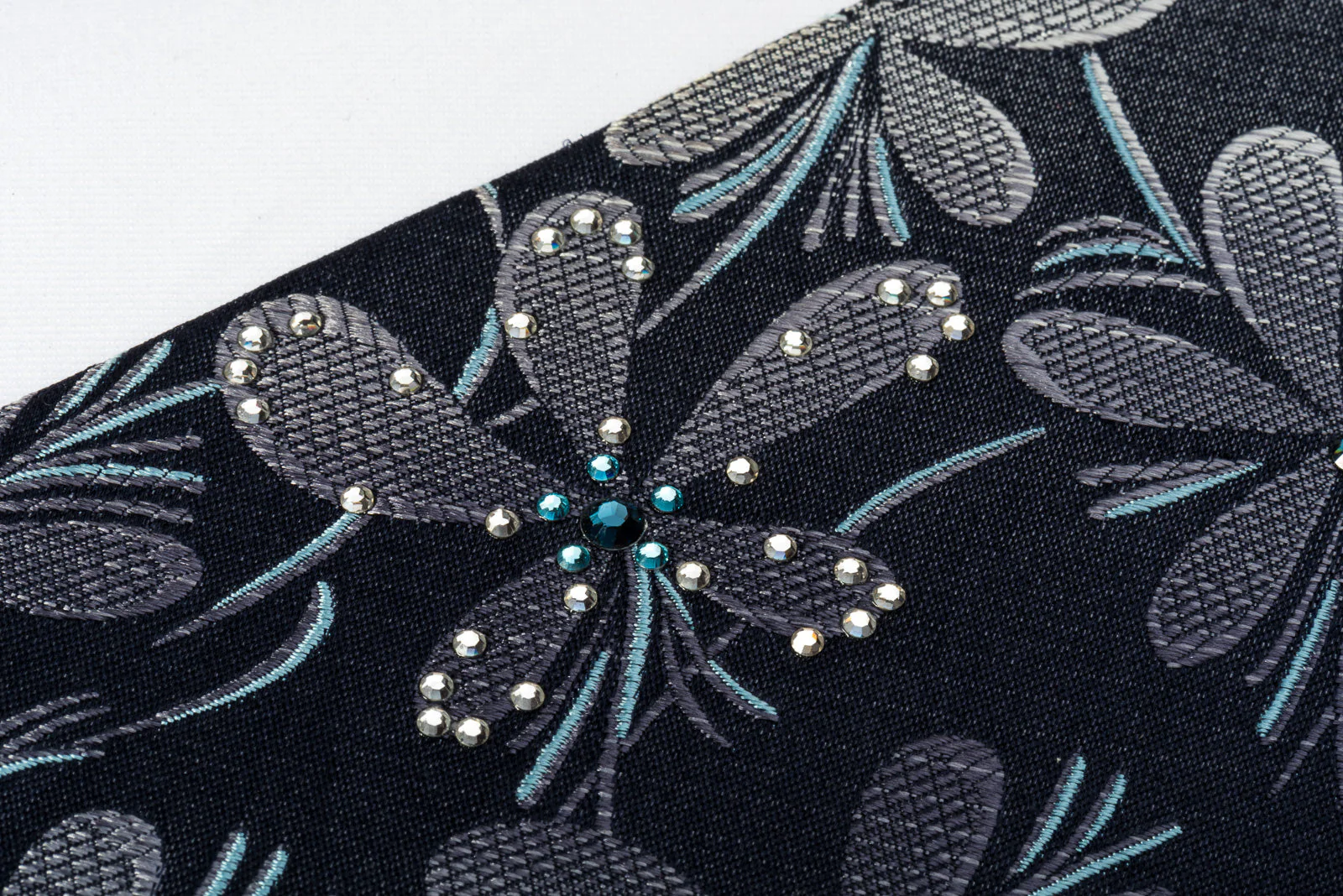 Lancetti Silk Necktie Silver Floral On Black With Sparkling Rhinestones - Image 5