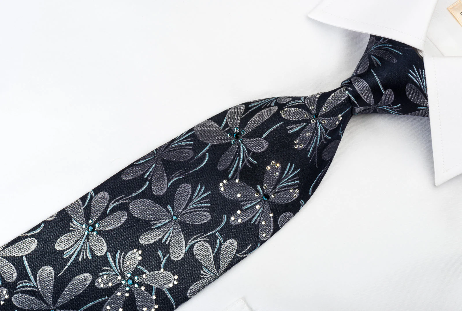Lancetti Silk Necktie Silver Floral On Black With Sparkling Rhinestones - Image 7