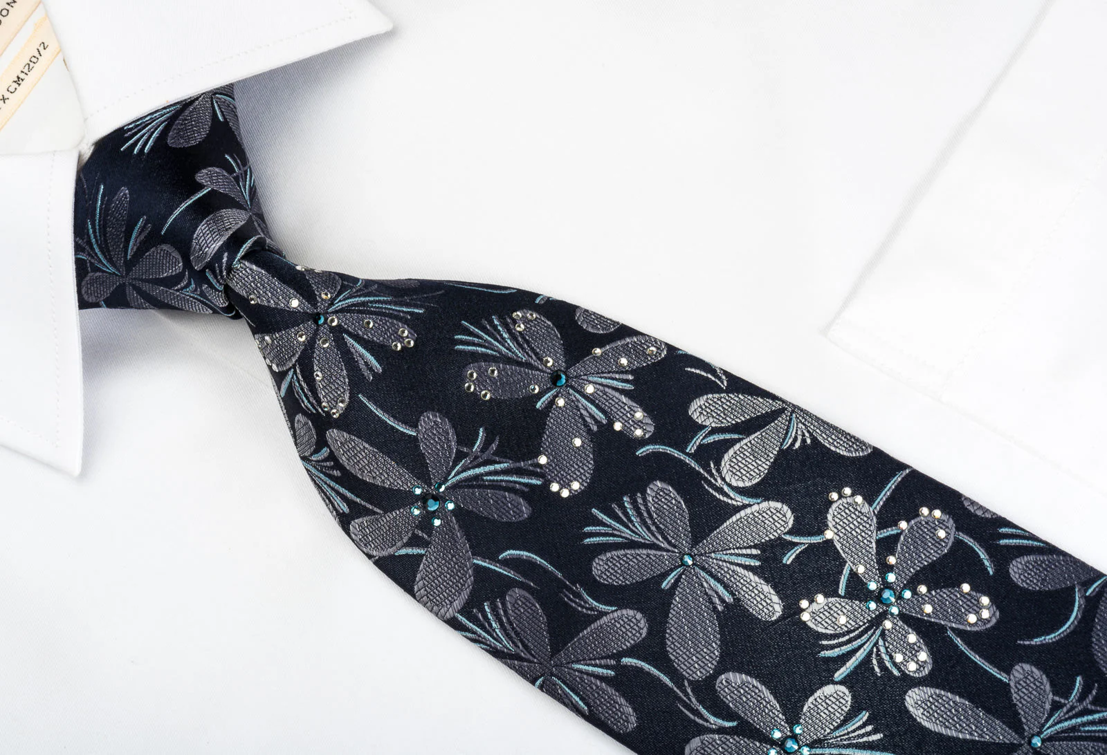 Lancetti Silk Necktie Silver Floral On Black With Sparkling Rhinestones - Image 8