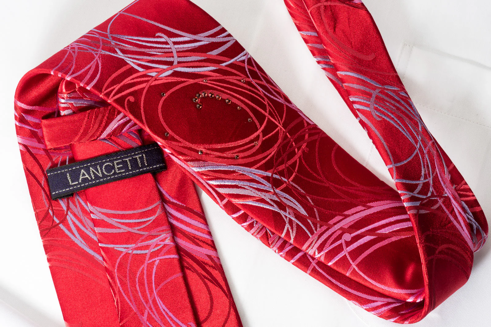Lancetti Silk Necktie Spirals On Red With Rhinestones - Image 2