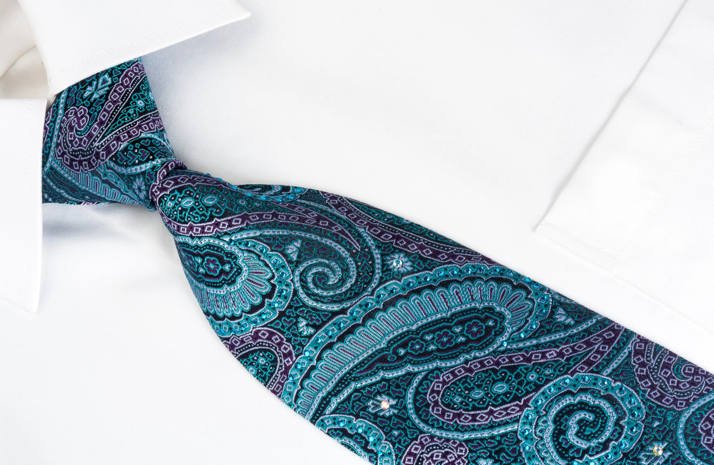 Lancetti Silk Necktie Turquoise Purple Paisley On Dark Blue With Crystal Rhinestones - Image 6