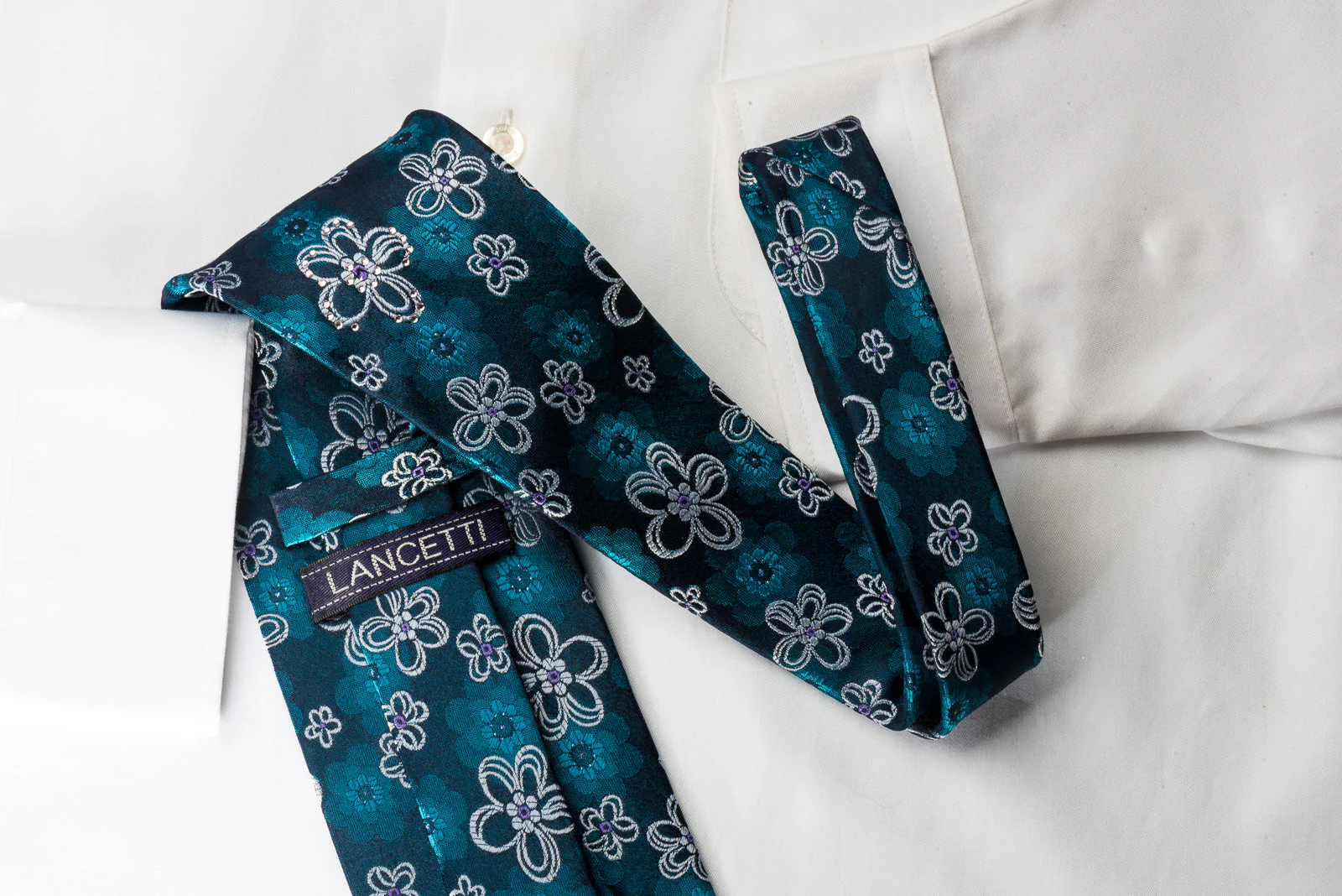 Lancetti Silk Rhinestone Necktie Floral On Blue With Blue Sparkles - Image 2