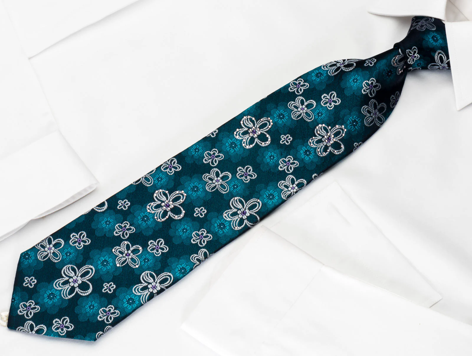 Lancetti Silk Rhinestone Necktie Floral On Blue With Blue Sparkles - Image 3