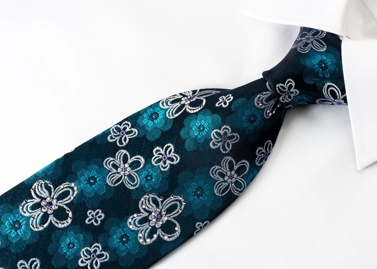 Lancetti Silk Rhinestone Necktie Floral On Blue With Blue Sparkles - Image 5