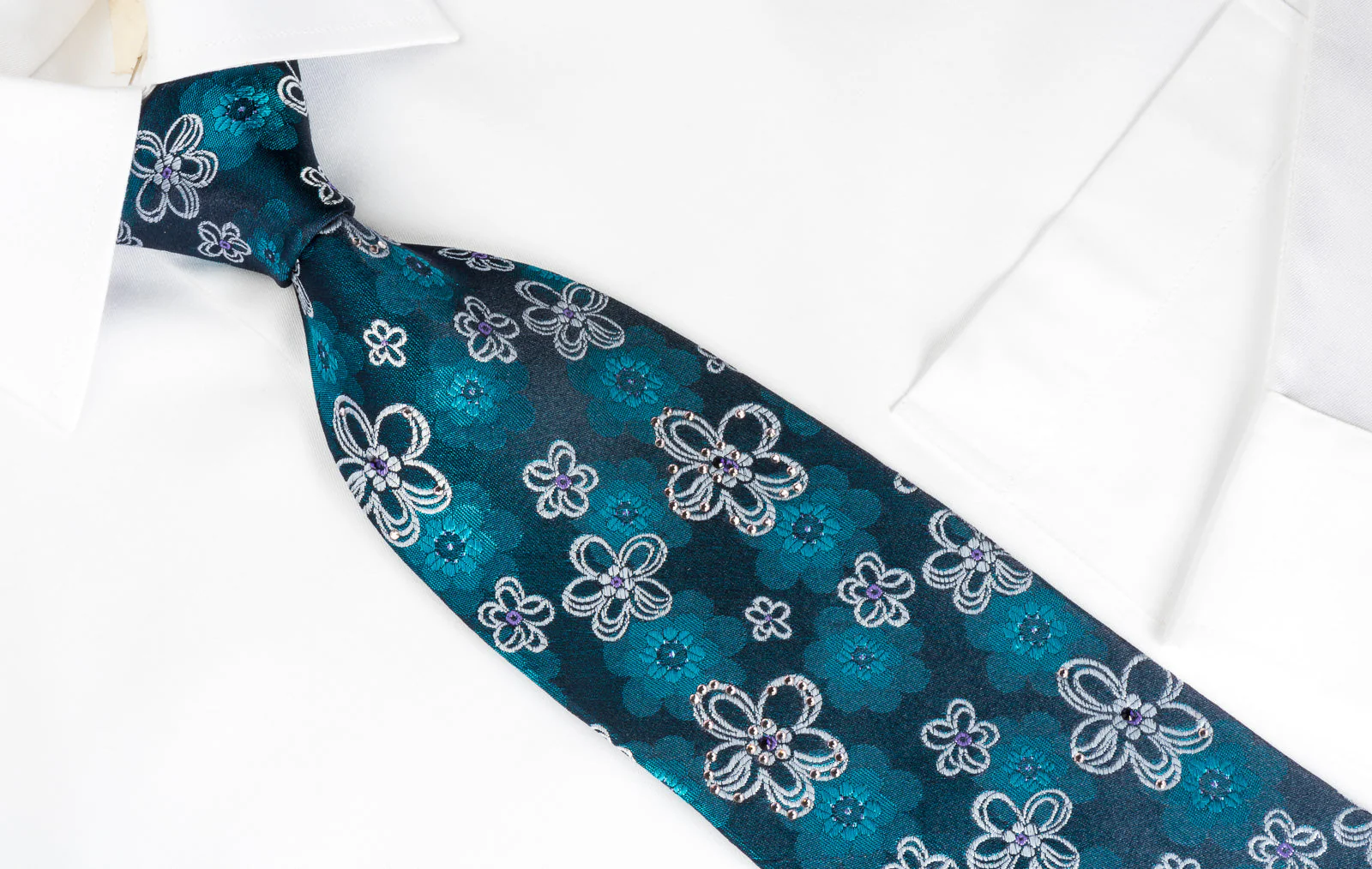 Lancetti Silk Rhinestone Necktie Floral On Blue With Blue Sparkles - Image 7