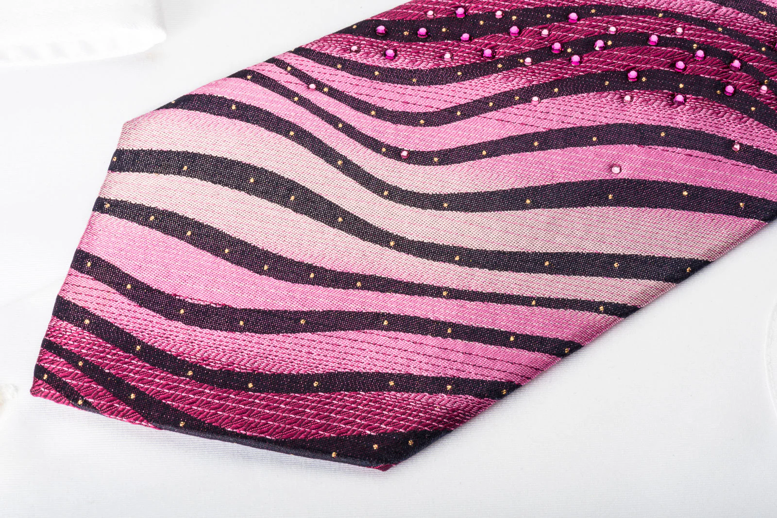Lancetti Silk Rhinestone Necktie Pink Black Zebra Striped With Silver Sparkles - Image 3