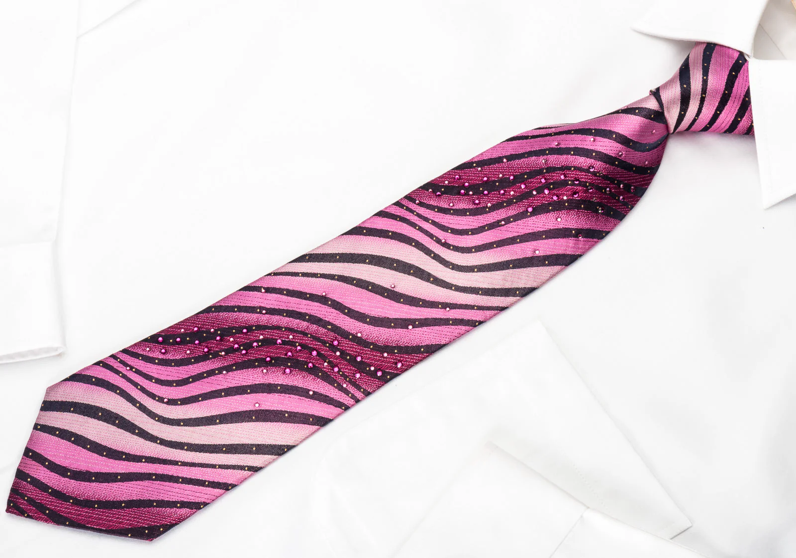 Lancetti Silk Rhinestone Necktie Pink Black Zebra Striped With Silver Sparkles - Image 6