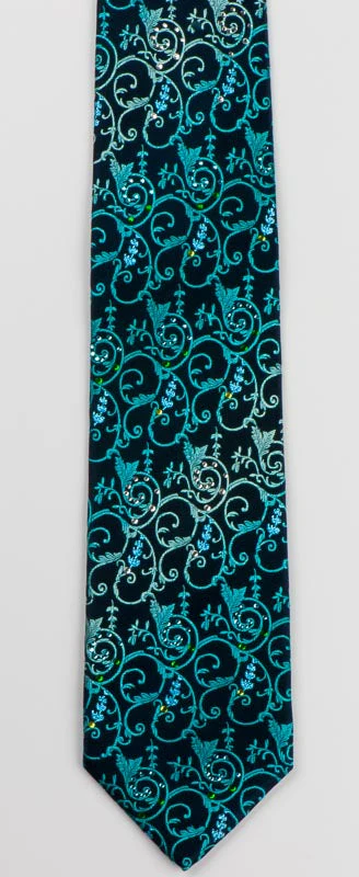 Lancetti SIlk Rhinestone Necktie Turquoise Vines On Navy Blue Tie With Blue Sparkles - Image 2