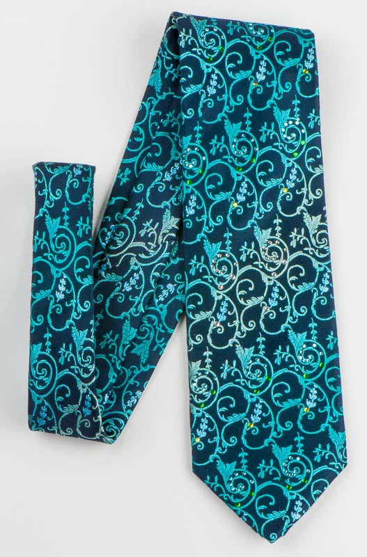 Lancetti SIlk Rhinestone Necktie Turquoise Vines On Navy Blue Tie With Blue Sparkles - Image 3