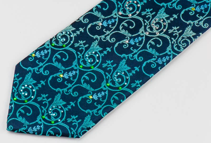 Lancetti SIlk Rhinestone Necktie Turquoise Vines On Navy Blue Tie With Blue Sparkles - Image 4