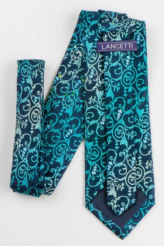 Lancetti SIlk Rhinestone Necktie Turquoise Vines On Navy Blue Tie With Blue Sparkles - Image 5