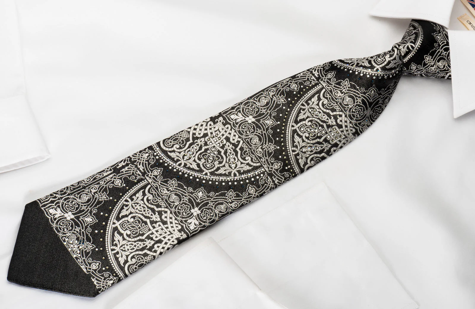 Lancetti Silk Rhinestone Tie Silver Baroque On Black With Silver Sparkles - Image 2