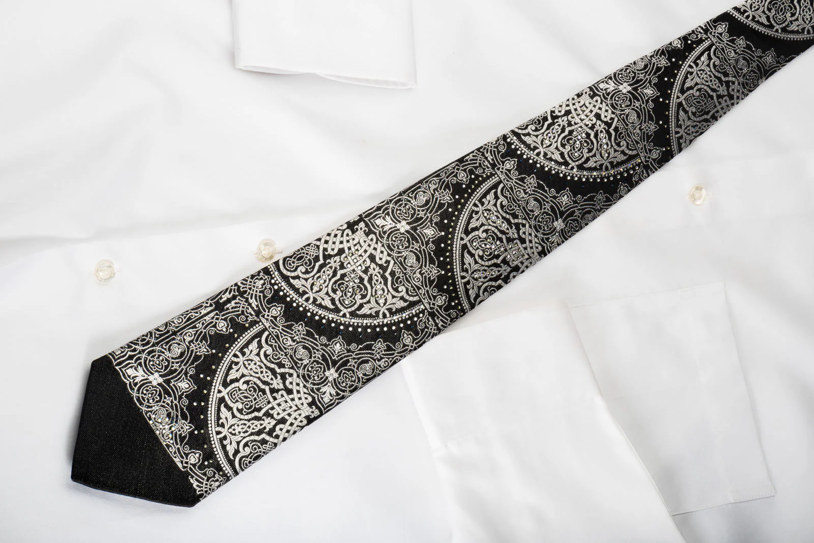 Lancetti Silk Rhinestone Tie Silver Baroque On Black With Silver Sparkles - Image 3