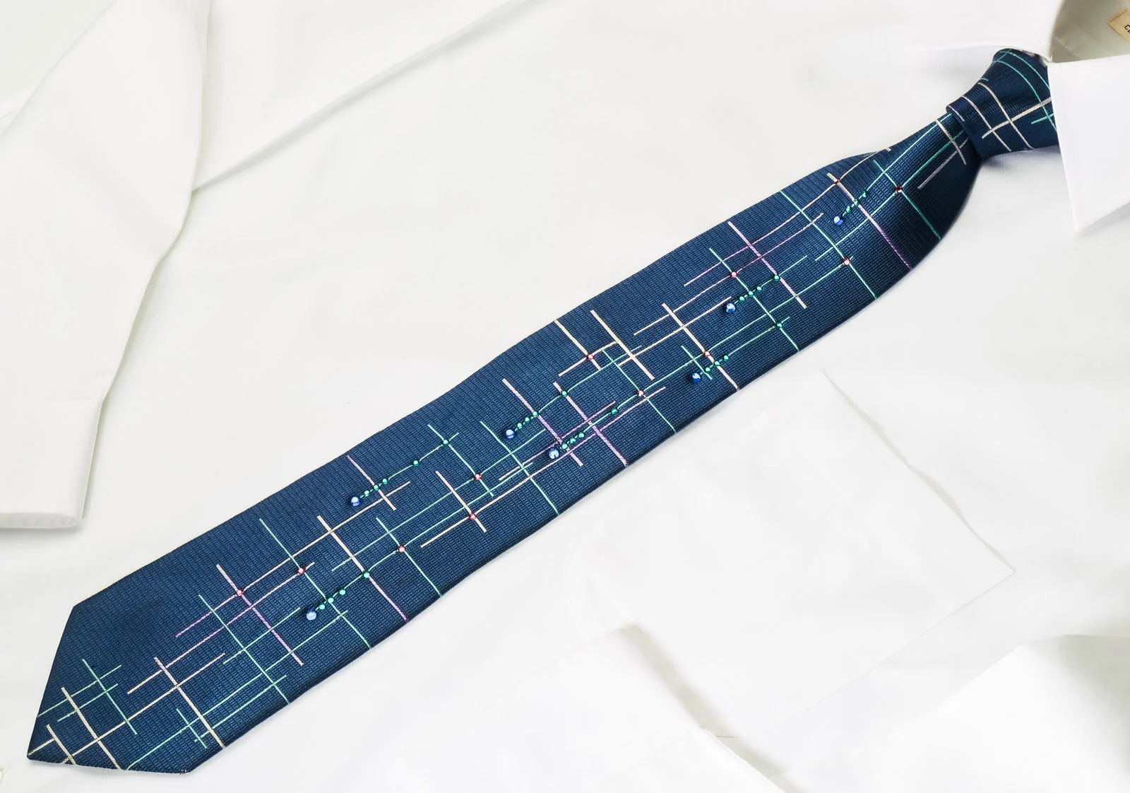 Lancetti Silk Tie Cyan Pink Lines On Woven Blue Silk With Rhinestones - Image 3