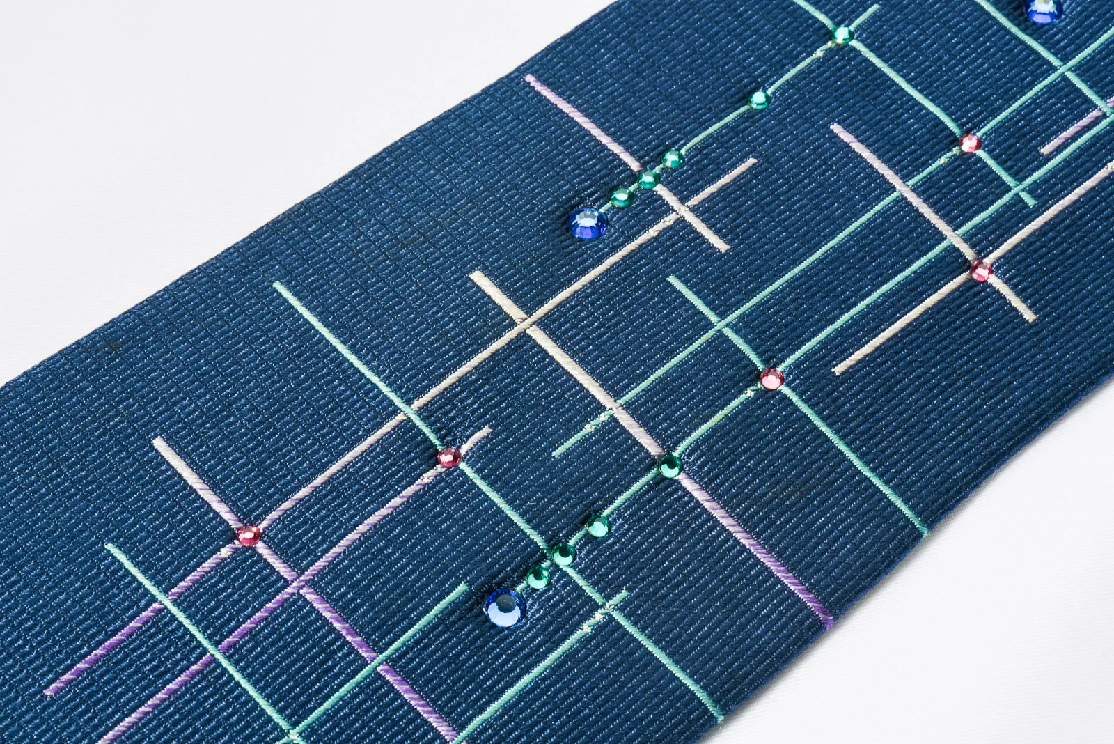 Lancetti Silk Tie Cyan Pink Lines On Woven Blue Silk With Rhinestones - Image 4