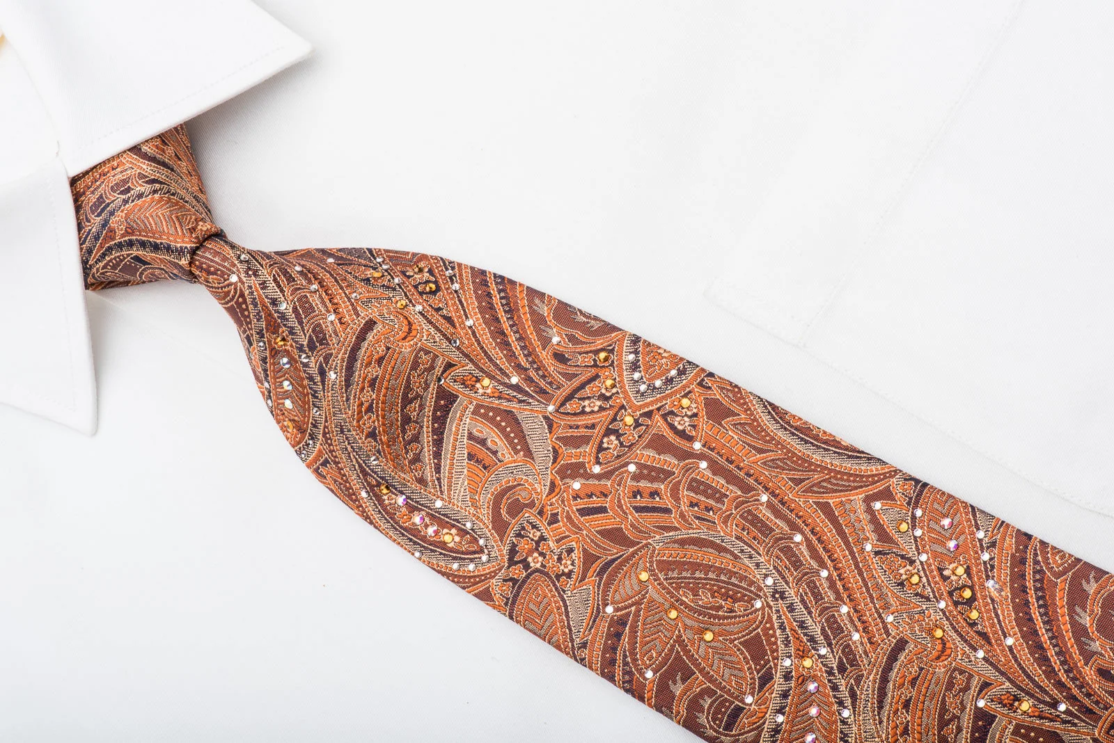 Lancetti Silk Tie Paisley In Orange Sparkling With Rhinestones - Image 2