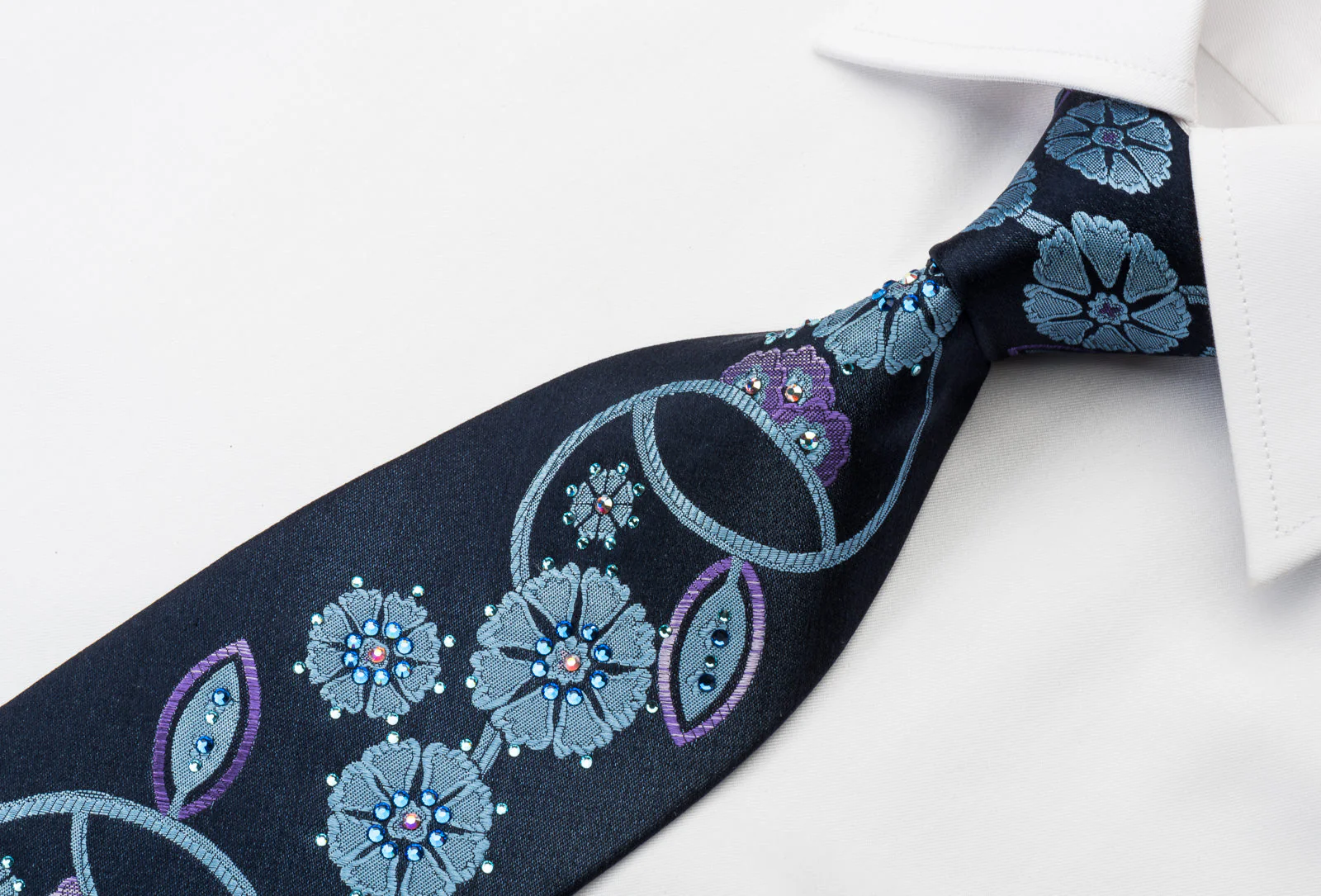 Lancetti Woven Silk Necktie Stylish Floral On Blue With Clear Blue White Crystal Rhinestones - Image 7