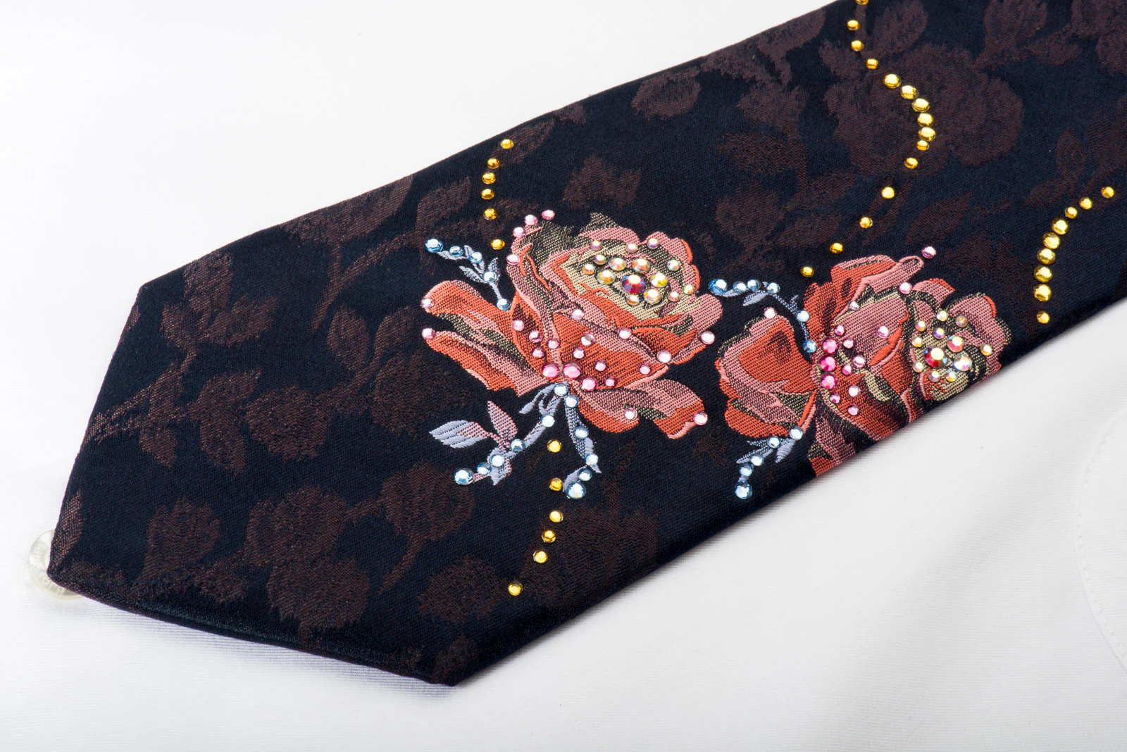 Lancetti Woven Silk Tie Pink Roses On Navy With Rhinestones - Image 2