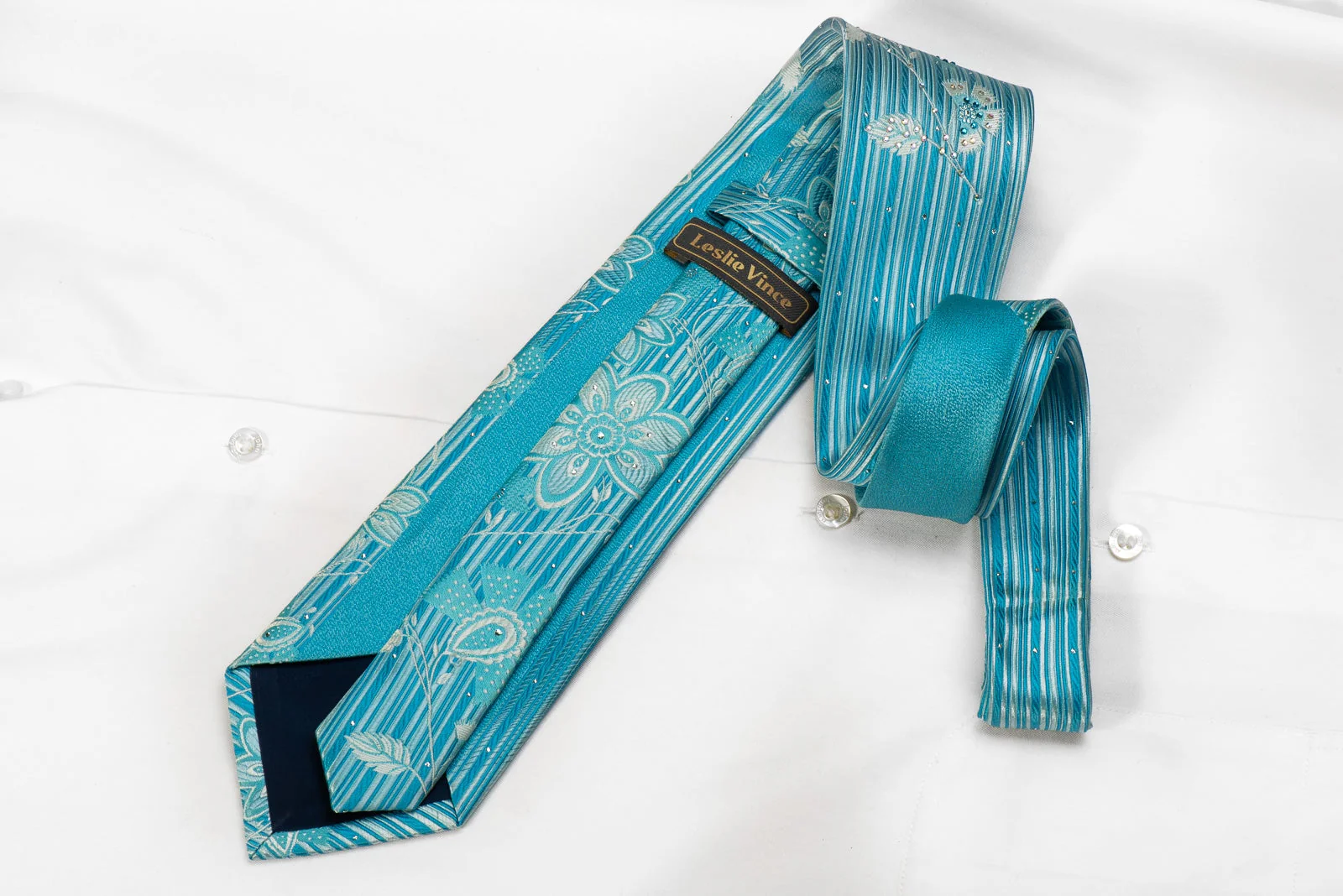 Leslie Vince Men's Crystal Silk Necktie Floral On Pale Blue With Silver Sparkles - Image 5
