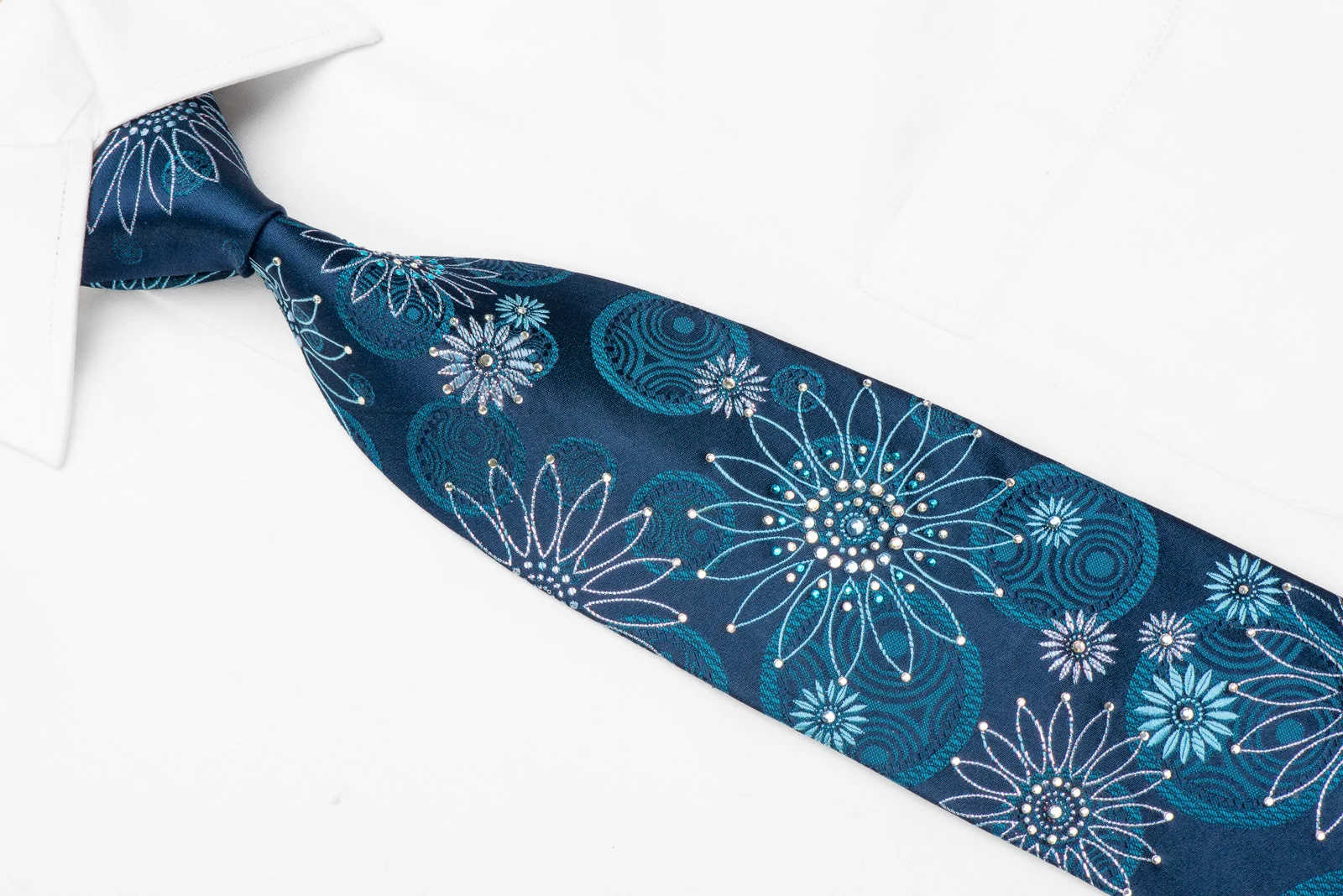 Leslie Vince Men's Crystal Silk Necktie Geometric Floral On Blue With Sparkles - Image 3