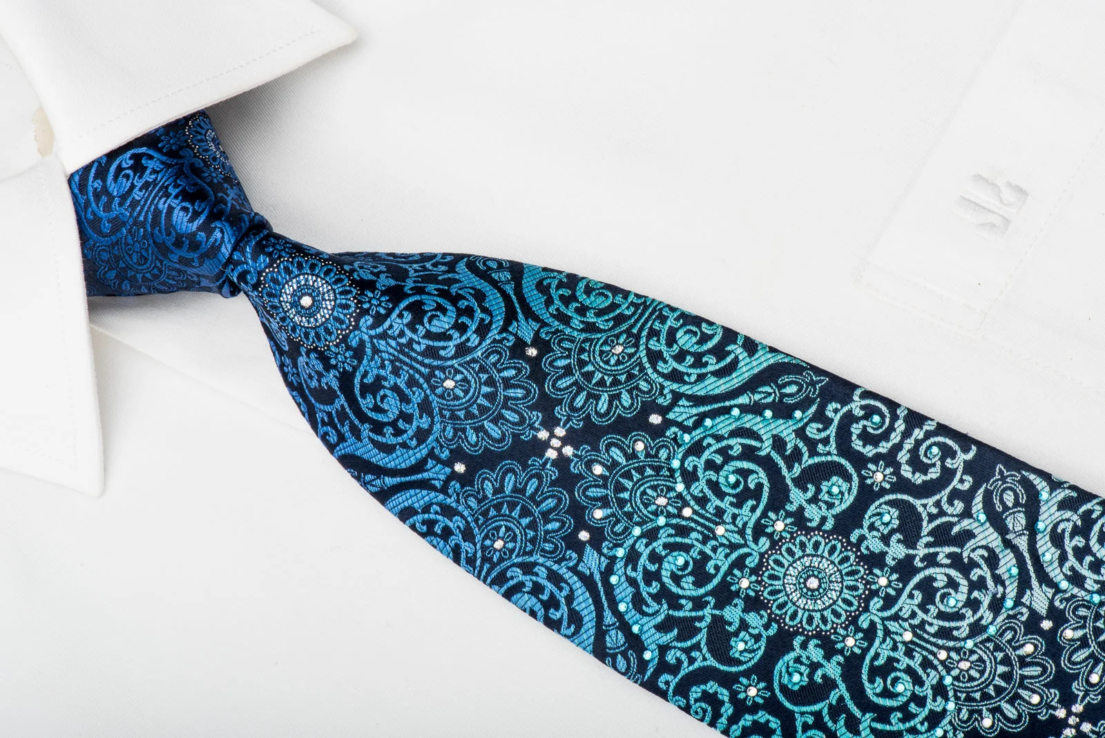 Leslie Vince Rhinestone Tie Damask On Blue With Silver Sparkles - Image 3