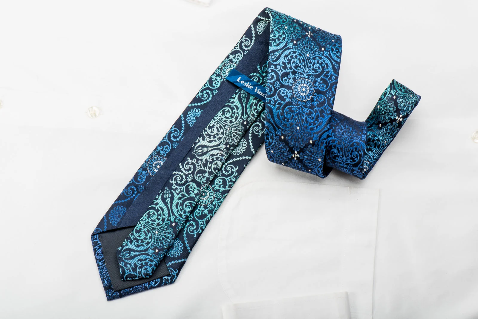 Leslie Vince Rhinestone Tie Damask On Blue With Silver Sparkles - Image 4