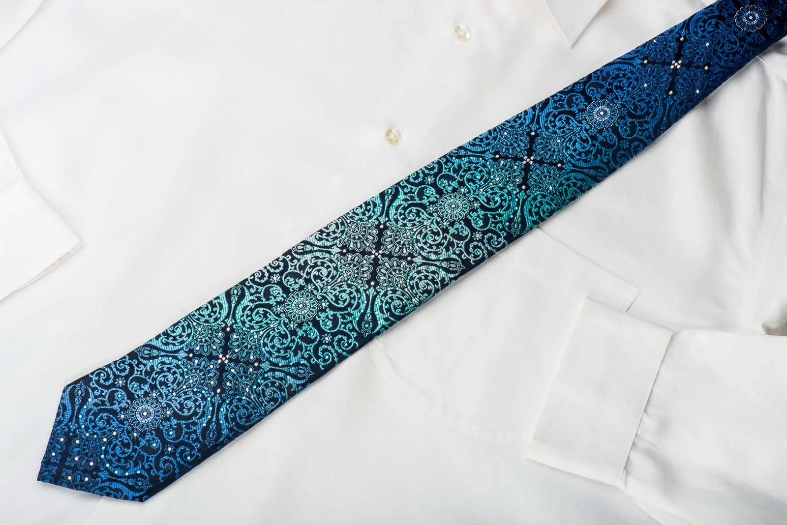 Leslie Vince Rhinestone Tie Damask On Blue With Silver Sparkles - Image 5