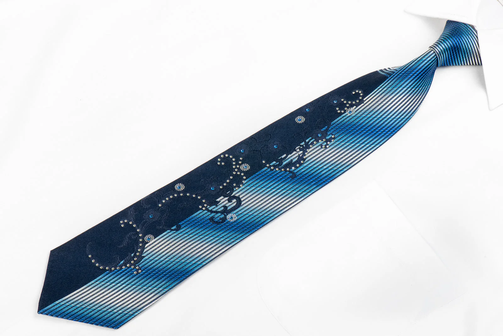 Liberino Men's Rhinestone Necktie Floral Scrolls On Blue - Image 3