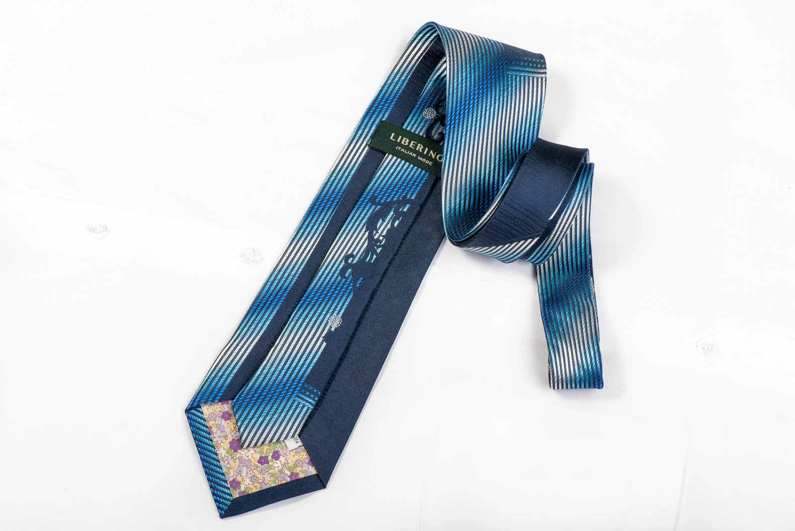 Liberino Men's Rhinestone Necktie Floral Scrolls On Blue - Image 4