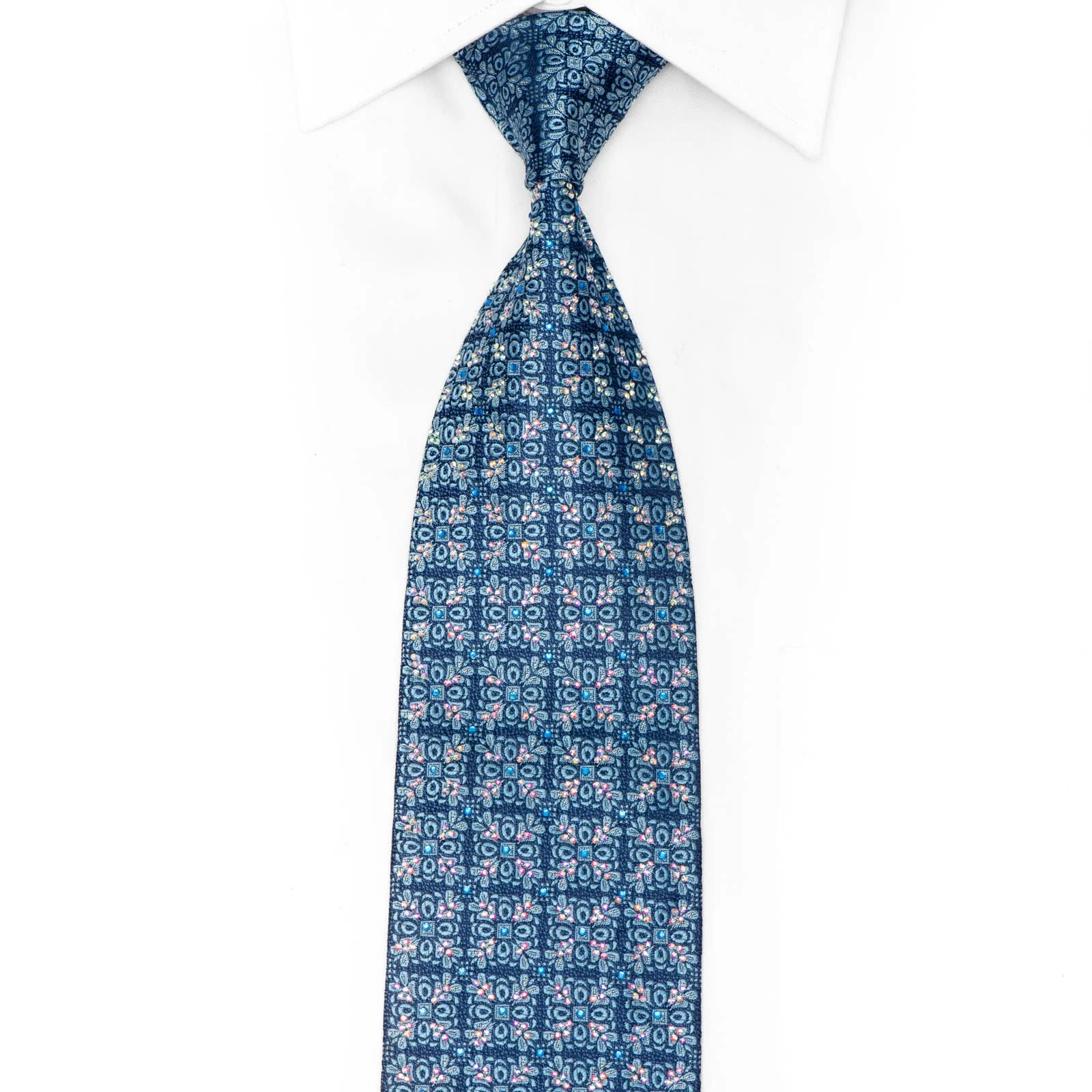 Light Blue Cartouche On Blue Rhinestone Silk Tie